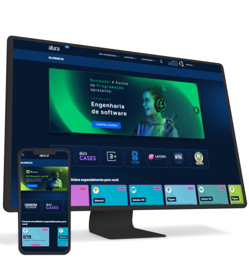 Monitor e celular com a Alura plus aberto